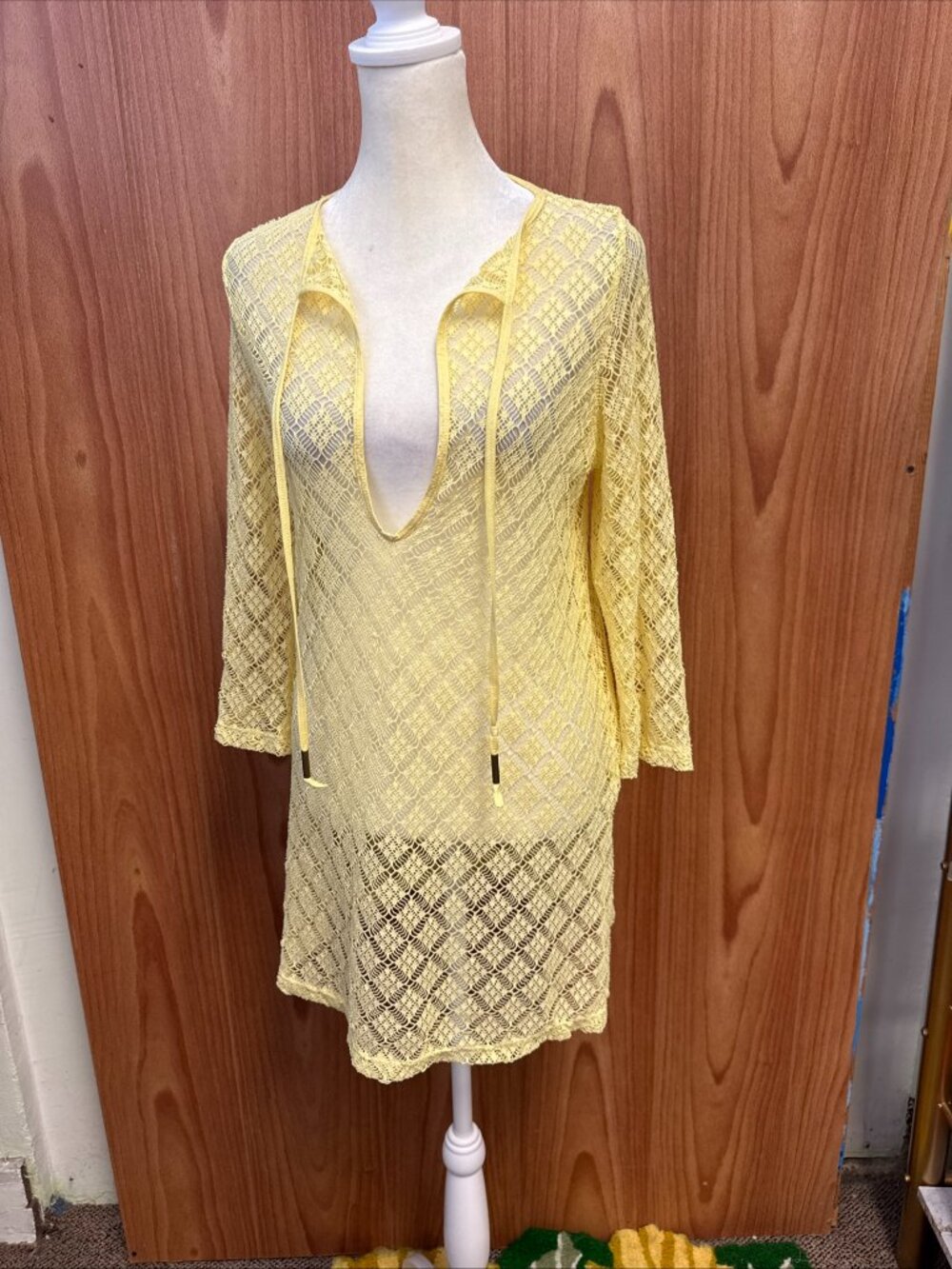 Ella Moss Light Yellow Long Sleeve Sheer Bikini Swim Cover Up S Small V Neck